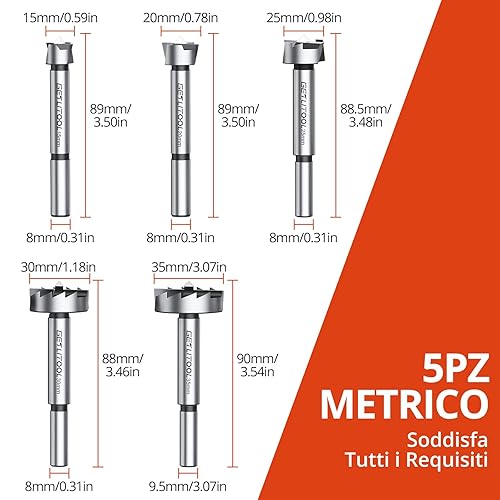 GETLITOOL Set 5pz Punte Forstner Metriche 15-35 mm Multi-Denti, Kit 5x Punte da Trapano Trivello Forstner Drill Bit in Acciaio 40Cr per Foratura su Legno Compensato con Valigetta - Honorern