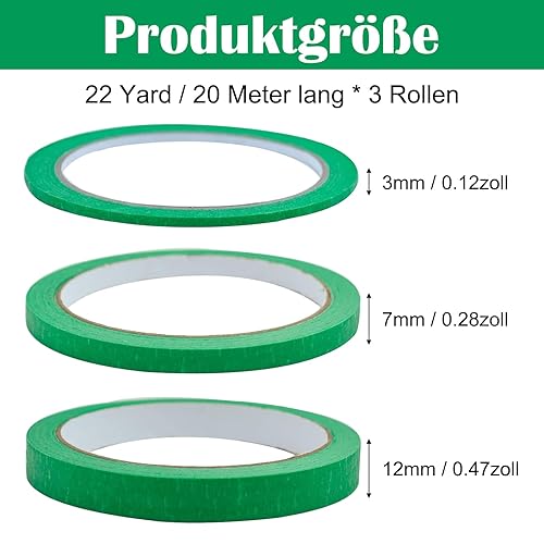 YzmrBdqc 3 rotoli di nastro fine per pittura artistica, 3 mm/7 mm/12 mm di larghezza x 22 yard, nastro adesivo impermeabile per pittura auto, fai da te (verde) - Honorern