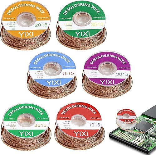 6 Pezzi Treccia di Dissaldatura, 1.5 m Filo di Rame Dissaldante (1,0/1,5/2,0/2,5/3,0/3,5 mm), per la Dissaldatura e la Rimozione Della Saldatura da Giunti Saldati, Alta Conducibilità Elettrica - Honorern