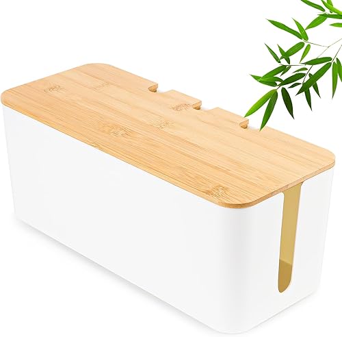 Scatola per la gestione dei cavi, scatola organizer per cavi con coperchio in legno, grande, media e piccola scatola di gestione dei cavi, adattatore, listello di spina, scatola bianca (S= 23,5 x 11,5 - Honorern