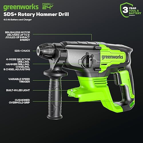Greenworks Martello perforatore da 24 V 2J e avvitatore a percussione da 300 Nm, con batteria da 4 Ah e caricabatterie - Honorern