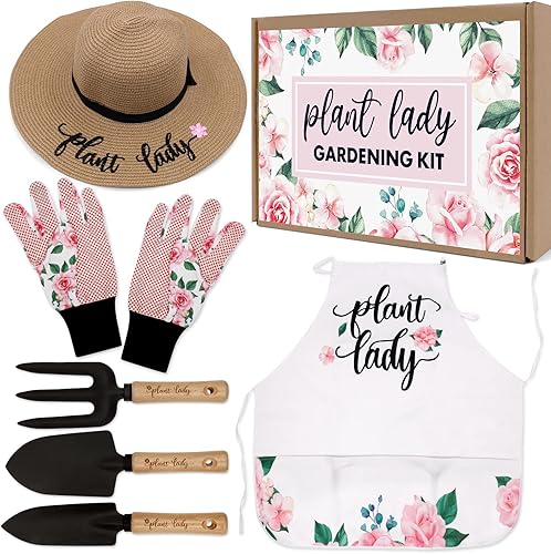 Set di attrezzi da giardino per piante da donna, con attrezzi per piante, cappello di paglia, grembiule per fiori, guanto da donna, cesto regalo per mamma, zia, nonna, primavera, giardino, prato, - Honorern