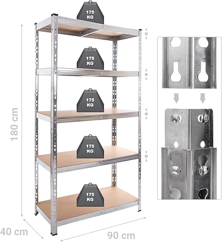 Scaffalature per carichi pesanti, set da 2, mensole da cantina, 180 x 90 x 40 cm, portata fino a 875 kg, scaffali, scaffali, struttura in acciaio rinforzato, 5 ripiani regolabili, argento, P114 - Honorern