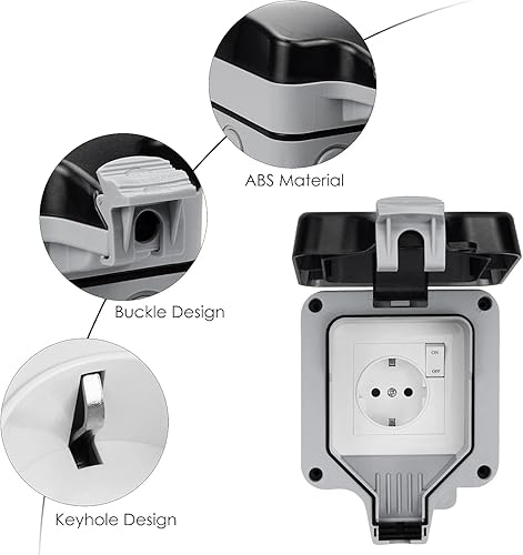 2 Presa Esterno Impermeabile IP66 con Interruttore, Connettore da Impermeabile e Coperchio Incernierato, Presa Elettrica Esterno per Cucina, Bagno, Garage, Piscina e Giardino - Honorern