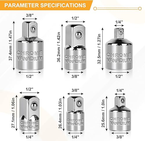 EFUTURETIME 6pcs Adattatore Chiave a Cricchetto, Set di Adattatori per Bussole, da 1/4' a 3/8', da 3/8' a 1/4', da 3/8' a 1/2', da 1/2' a 3/8', da 1/2' a 1/4', da 1/4' a 1/2', per Bussola, Bit - Honorern