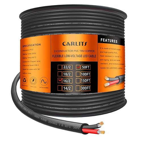 16 Calibro 2 Filo Elettrico Conduttore 2x1,3mm², 30,48M a Bassa Tensione 16/2 Cavo, Cavo di Alimentazione di Estensione Flessibile per Lampada a LED, Automobile, Barca, Elettronica - Honorern