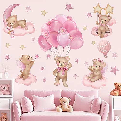 wondever Adesivi Murali Bambini Orso Mongolfiera Rosa Sticker da Muro Palloncini Fiori Orso Nuvole Adesivi da Parete per Camere Ragazze Asilo Nido Camerette Bambini - Honorern