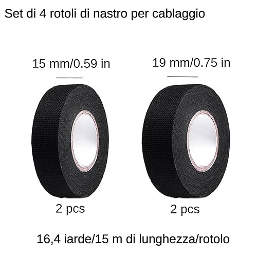 Nastro in Tessuto Nero 4 pezzi, Nastro Adesivo Nastro Isolante Nero 2 Misure, Nastro Tessile Autoadesivo, Nastro in Industriale per Cablaggio Auto, Moto (19mm x 15m/15mm x 15m) - Honorern