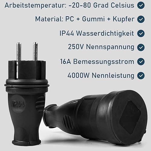 Set di 5 Spina e 5 Presa Professionale Schuko, Protezione IP44, 250V 16A, con Ghiera di Bloccaggio Cavo per Facilitare il Cablaggio, Presa Volante in Gomma Ergonomica, 0,5 – 3 cm², 4000W - Honorern