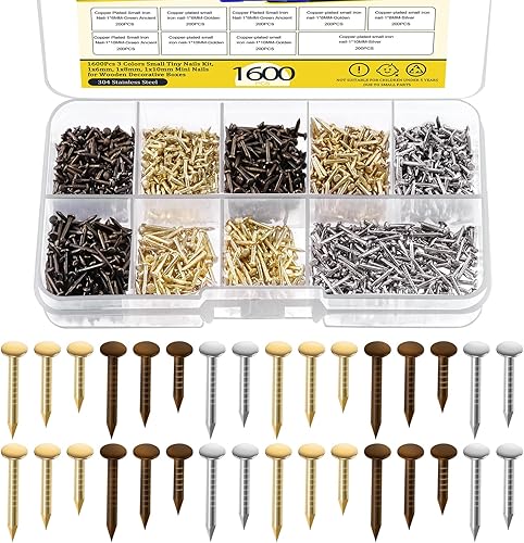 Mardatt Kit assortito di 1600 chiodi piccoli in 3 misure, 1 x 6 mm, 1 x 8 mm, 1 x 10 mm, piccoli chiodi in legno, piccoli chiodi assortiti per appendere la lavorazione del legno (oro, argento, bronzo) - Honorern