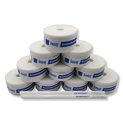 KNAUF® Set di 10 Strisce di Copertura per Fughe in Fibra di Vetro - Rotolo da 25 m, Larghezza 50 mm - Nastro per Riparazione Cartongesso - Inclusi 2 Matite da Carpentiere DEWEPRO® - Honorern