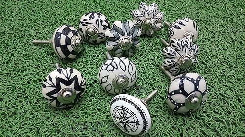 Set di 10 pomelli in ceramica per maniglie e cassetti - bianco e nero - Honorern
