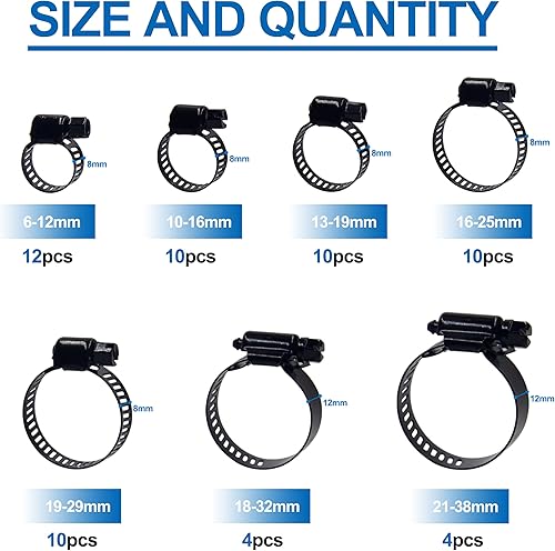 60 fascette stringitubo in acciaio inox, assortite, 7 gamma regolabile, 6-38 mm, per idraulici, automobilistici e meccanici, colore nero - Honorern