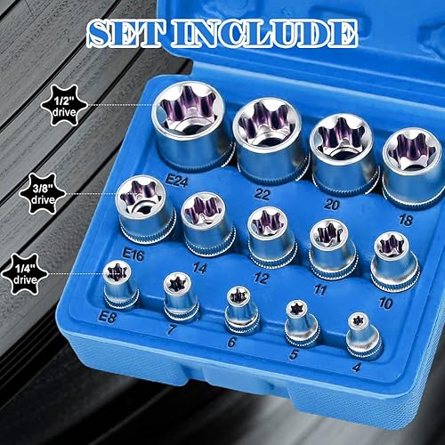 Set di chiavi a bussola Torx da 14 pezzi, 1/2', 1/4', 3/8', E4, E5, E6, E7, E8, E10, E11, E12, E14, E16, E18, E20, E22, E24 con scatola di conservazione (blu) - Honorern