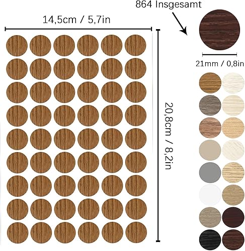 Tappi Coprivite Adesivi, 16 Fogli Coprivite Impermeabile, 864 Pezzi Copertura per Fori in Mobili, Adesivi Copri foro Vite, Coperture per viti in legno per mobili, per Armadi, Tavoli e Mobili (21mm) - Honorern