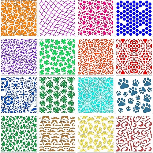 16 Pezzi Pittura Stencil Set Ragnatele,Kit Stencil Disegno Impronte,Stencil Modelli di Pittura Struttura per Tegola Legna Tela Pavimento Parete Mobili Decorazioni 5 Pollici - Honorern