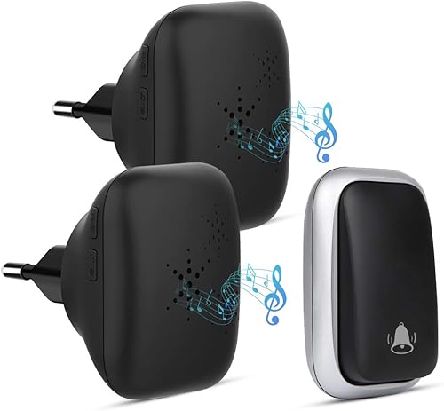Campanello Radio Senza Batteria, PDGROW Campanello Senza Fili Impermeabile Campanello Wireless Autoalimentato Una Portata di 150m con 2 Ricevitori, 38 Melodie, 4 Livelli di Volume e Flash LED - Nero - Honorern