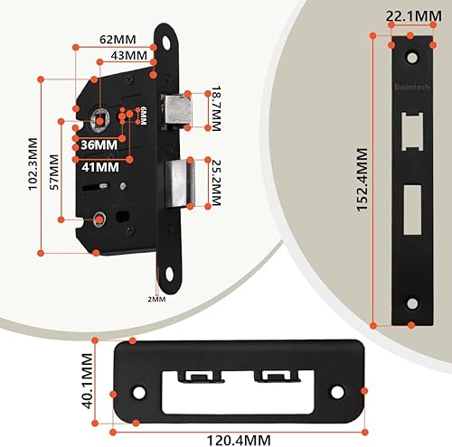 2 serrature da bagno nere opache, 65 mm, per porte interne e porte del bagno, chiusura reversibile - Honorern