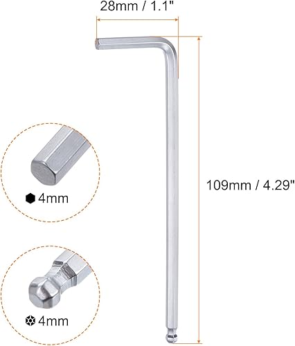 QUARKZMAN 4pz Chiave Esagonale Brugola Testa Sferica 4mm Metriche Braccio Lungo Forma L Strumento Riparazione Acciaio al Cromo Vanadio per Riparazioni Domestiche, Tono Argento - Honorern