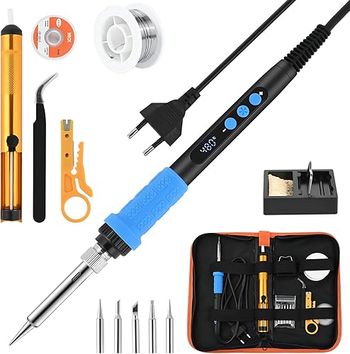 Kit Saldatore a Stagno con LCD e Temperatura Regolabile (180-480°C), Stagnatore Elettrico con Interruttore ON/OFF, 5 Punte per Saldare, Pompa Dissaldante, Filo per Saldare, Pinzette - Honorern