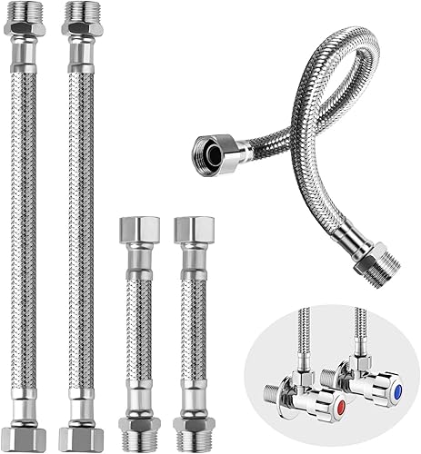 Tubo flessibile 3/8, 4 tubi flessibili in acciaio inox 304 (10 cm e 20 cm), tubo corazzato da 3/8 pollici con raccordo e filettatura esterna, tubo flessibile per rubinetto, lavatrice, soffione doccia - Honorern