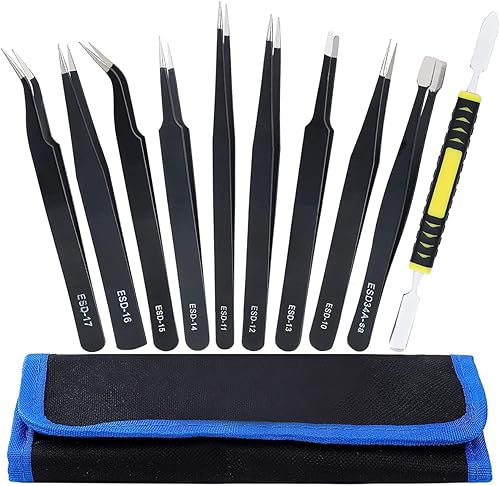 Set di Pinzette ESD di Precisione, Set di Pinzette Antistatiche da 10 Pezzi e Tagliafili Micro per Modellismo, Riparazione Elettronica, Artigianato, Laboratorio, Produzione di Gioielli, ecc. - Honorern