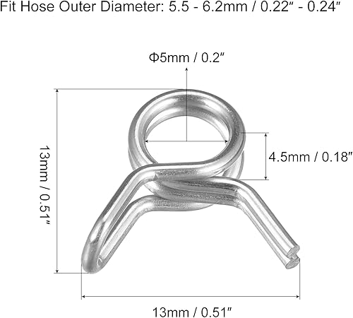 sourcing map Morsetto a molla a doppio filo, 10 pezzi in acciaio inossidabile 304, diametro interno 4 mm, adatto per tubi flessibili da 4,5 mm-4,8 mm, clip a molla in silicone - Honorern