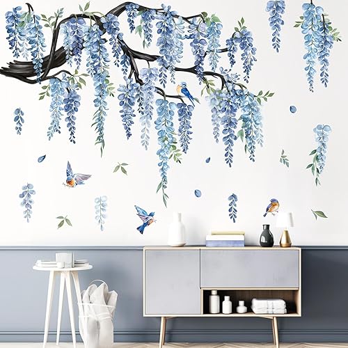 Adesivi Murali XXL Ramo di Albero Fiori Blu Adesivi da Parete Uccelli sul Ramo Fiori Foglie di Vite Acquerello Decorazione Murale Camerette Bambini Soggiorno Camere Ragazze - Honorern