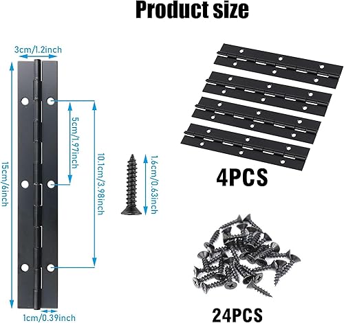 Eowppue Confezione 4 Cerniere per pianoforte con 24, Cerniera per pianoforte in metallo Cerniera in acciaio inossidabile Cerniera per pianoforte durevole Barca per finestre con fori (Nero, 6 pollici) - Honorern