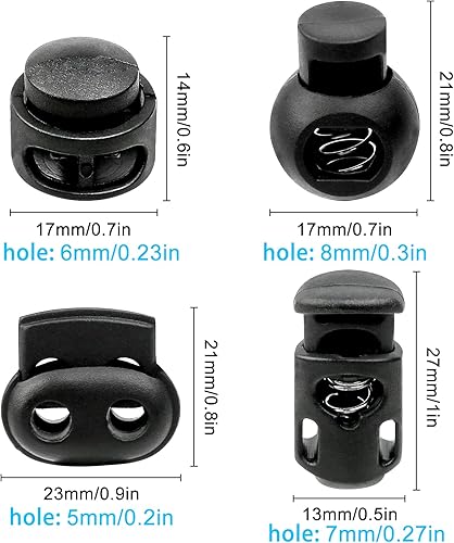 100 morsetti a molla a doppio foro singolo, 4 stili, fermacorda, rotondi, in plastica, per campeggio, escursioni, sport, zaini, nero, bianco, L - Honorern