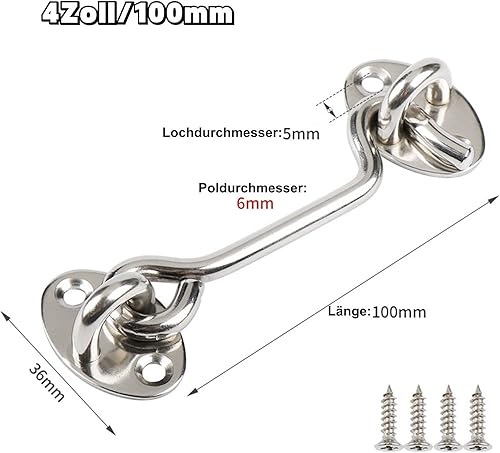 2 ganci tempesta in acciaio inox, 4 pollici/100 mm, con occhiello, chiavistello, porta porta, ganci per persiane, porta fienile, cancello da giardino, porta del garage con 8 viti (argento) - Honorern