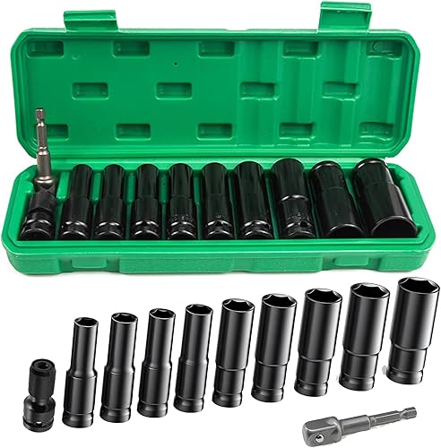 10 pezzi Set di boccole a impatto, 10/12/13/14/15/17/19/22/24 mm, custodia lunga, prese e cassette, bussola esagonale da 1/2' per riparazione auto - Honorern