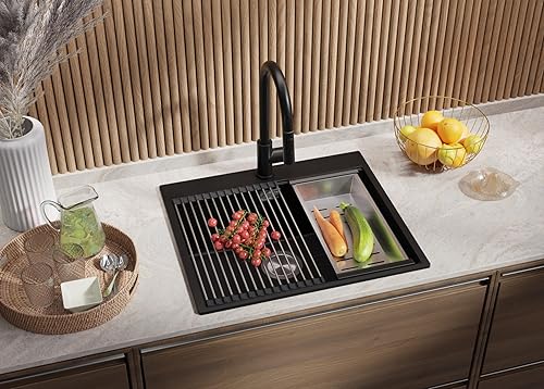 PRIMAGRAN Lavello da Cucina Nero 58x50cm, Lavandino da Cucina a 1 vasca + Sifone Classico + Scolapasta avvolgibile, Lavabo da Cucina Incasso al mobile 60cm - Oslo - Honorern