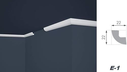 Listelli decorativi E-1, leggeri e stabili, polistirolo estruso, profili in stucco, transizione a soffitto e a parete, bianco moderno, decorativi, XPS, 22 x 22 mm, 2 metri - Honorern