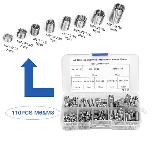 110Pcs M6 M8 Inserti filettati per fili in acciaio inossidabile Tipo elicoidale a spirale Kit assortimento di manicotti di riparazione, 8 diverse dimensioni, con scatola di plastica - Honorern
