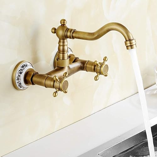 Rubinetto Bronzo a Muro Miscelatore Anticato Classico da Cucina da Bagno a Rotazione 360° con Ceramica Floreale Raffinato - Honorern