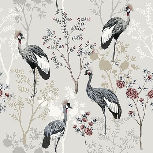 Carta da Parati Floreale Grigia Beige Carta Adesiva per Mobili Fantasia Uccellini Cineseria Carta da Parati Foglie Tropicali Albero Jungle Fotomurali Camera da Letto Soggiorno 44.5cm×300cm - Honorern