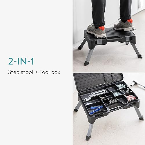 Navaris Scaletta Pieghevole Cassetta Porta Attrezzi 2in1 - Valigetta Portattrezzi Vuota e Sgabello Portatile - Scalino Camper - Scala Resistente 150kg - Honorern