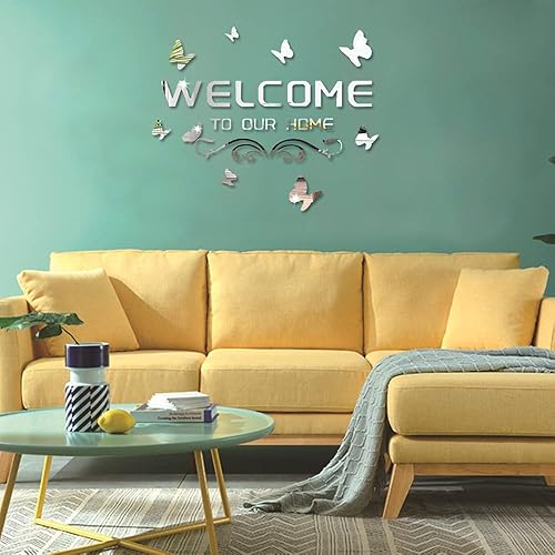 Welcome to Our Home - Adesivi da parete in acrilico a specchio, lettere con farfalla e vite, decalcomanie da parete rimovibili, per soggiorno, porta, portico (argento) - Honorern