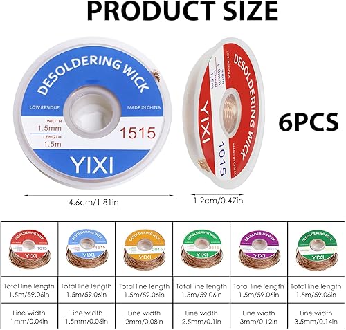 6 Pezzi Treccia di Dissaldatura, 1.5 m Filo di Rame Dissaldante (1,0/1,5/2,0/2,5/3,0/3,5 mm), per la Dissaldatura e la Rimozione Della Saldatura da Giunti Saldati, Alta Conducibilità Elettrica - Honorern