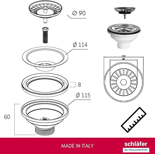 439726 | Piletta di Scarico per Lavello Tipo Basket Senza Troppo Pieno, Foro Ø 90mm, Pilettone Ø 114mm, Piletta Standard da 1'1/2 in Acciaio Inox con Vite e Cestello - Honorern