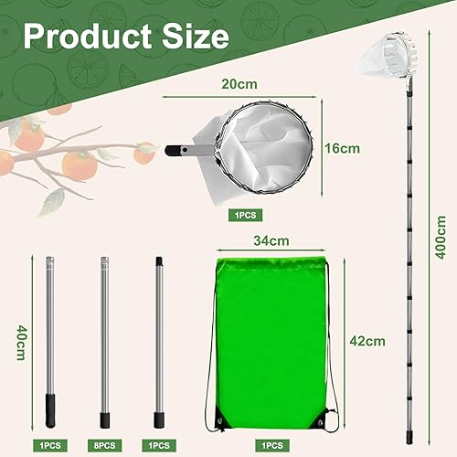 Idota Raccogli Frutta Telescopico 4M Raccogli Frutta da Albero con Asta Telescopica e Borsa Diametro 16 cm, Raccogli Frutta per Ciliegie Mele Pere - Honorern