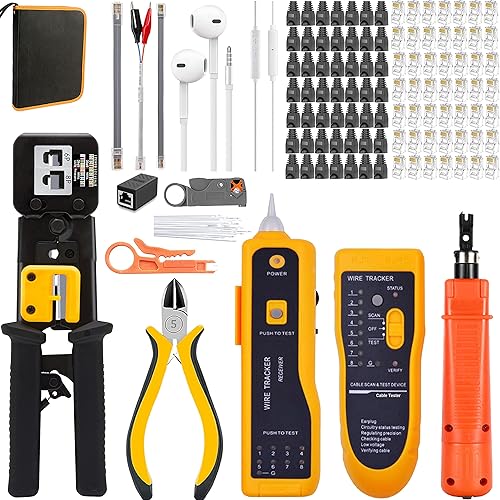 MAYLINE Pinza Crimpatrice RJ45 Strumenti Kit di Rete Professionali LAN Tester, RJ11/RJ12 Crimping Toolper Cavi di Rete a Crimpare Crimpatrice per Cavo di Rete 8P6P, Cirmpatura CAT5 CAT6(Giallo) - Honorern