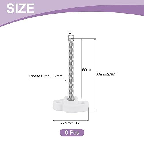 6pz Manopole ad Alette a T a Farfalla, Manopola Serraggio Vite M4 x 50mm Filettatura Maschio Viti Acciaio Inossidabile 304 Maniglia 27mm Dia per Sostituzione Manopola, Bianco - Honorern