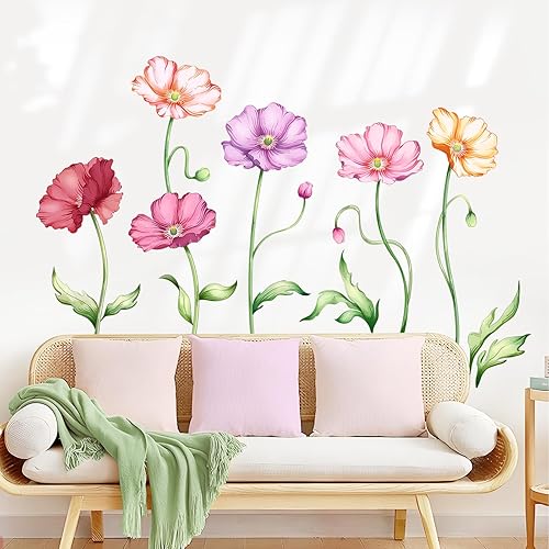 Supzone Adesivi Murali Fiori Decorazioni Muro con Fiori di Papavero Colorati, Motivo Naturale, Adesivi da Parete Autoadesivi Rimovibili per Soggiorno e Camera da Letto, Vetrofanie Primavera - Honorern