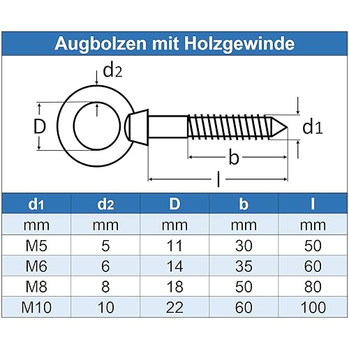 Bulloni ad anello 10 x 100 mm (2 pezzi) – Bullone ad occhio con filettatura in legno – Bullone occhiello – Acciaio inox A4 V4A – inossidabile - Honorern