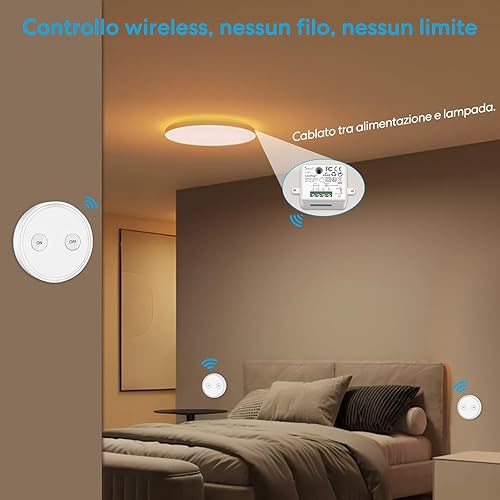 Paio Interruttore per Luce Senza Fili, LoraTap 3pz Interruttori Remoto con Base Magnetica 1 Ricevitore a Relè 2500W, Telecomando 200m 230V, On/Off Switch Wireless per Lampade e Apparecchi Elettrici - Honorern