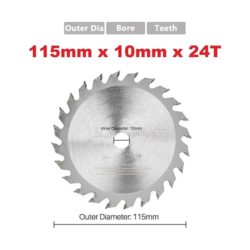 MiJunHD Lama per sega circolare TCT, 115 mm x 10 mm x 24 denti (diametro esterno x foro x denti), disco per sega da taglio in carburo, adatto per legno e plastica (1 pezzo) - Honorern