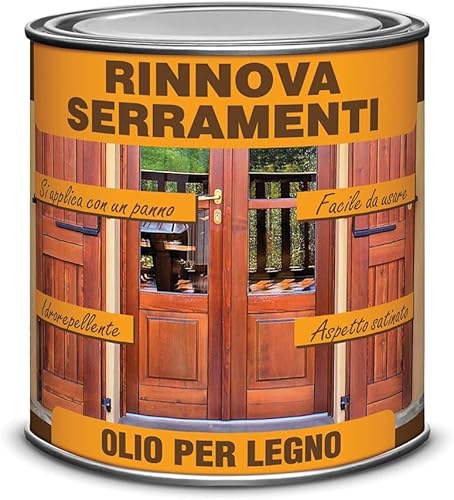 Barattolo di Olio Rinnova Serramenti da 750 ml, ravviva protegge le superfici verniciate all'esterno, Aspetto Satinato/Cerato, Flatting base acquosa, Manutenzione Serramenti in Legno -886M0,9 - Honorern