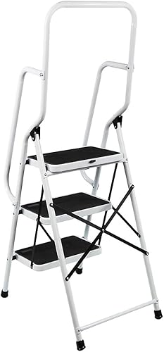Scala a 3 Gradini con Corrimano Pieghevole di Sicurezza Antiscivolo Matt Safe Heavy Duty, Acciaio, Bianco, Nero, 135 x 48 x 72 cm Circa - Honorern